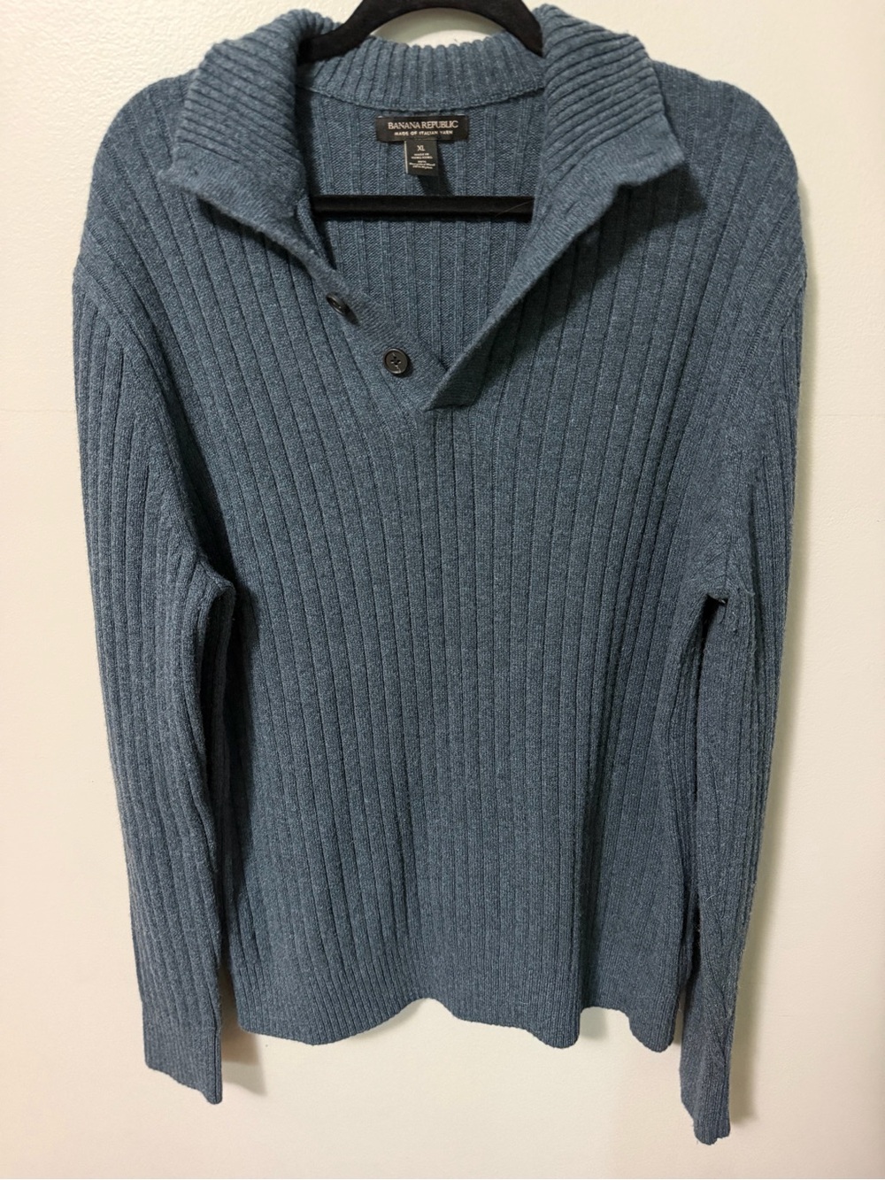 Banana Republic Italian Yarn Wool Ribbed Shawl Collar Sweater Mens XL Blue Gray
